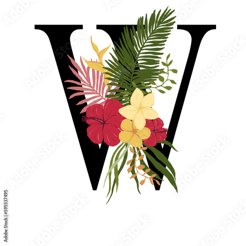 Tropical floral letter W with bouquet png clipart. Wedding flower monograme png file, jungle green leaves and flowers drawing for wedding and greeting cards, logotype
