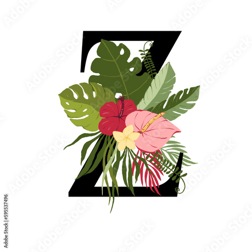Tropical floral letter Z with bouquet png clipart. Wedding flower monograme png file, jungle green leaves and flowers drawing for wedding and greeting cards, logotype
