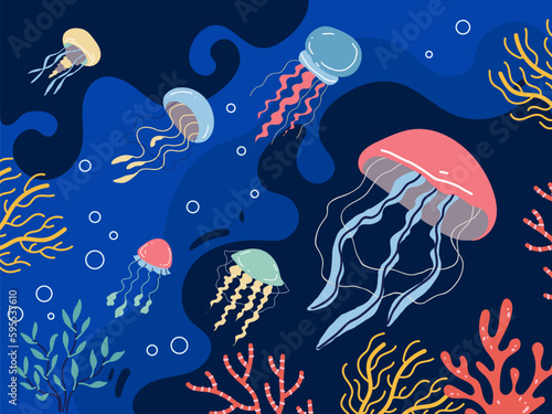Jellyfish water life summer sea ocean animal concept. Vector graphic design illustration