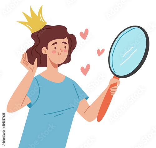 Narcissistic people look self mirror reflection concept. Vector graphic design illustration
