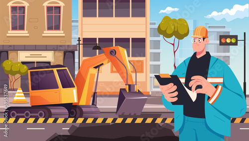 Road city works asphalt replacement excavate industry digger machine concept. Vector graphic design illustration element