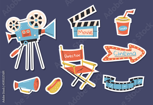 Cinema movie element production camera sticker isolated set. Vector graphic design illustration