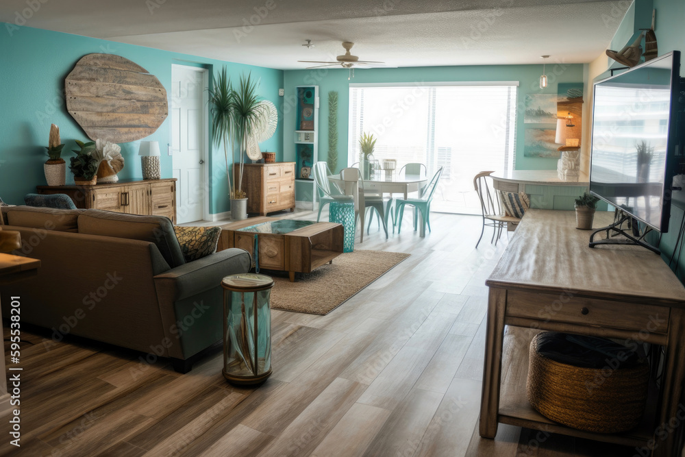 A beach themed dining room and living room in a Condominium complex. Generative AI A beach themed dining room and living room in a Condominium complex. Generative AI