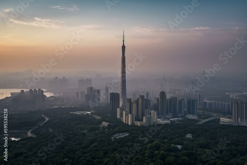 Nanjing's skyline at dusk with iconic Zifeng tower. Generative AI photo