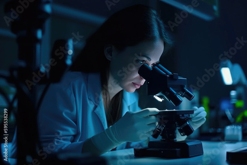 Female laboratory assistant looking through a microscope research science medicine. Generative AI
