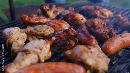 The beginning of the barbecue season. Cooking chicken wings on the grill.