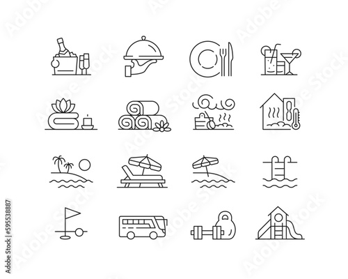 Resort Hotel Facilities Icon collection containing 16 editable stroke icons. Perfect for logos, stats and infographics. Edit the thickness of the line in Adobe Illustrator (or any vector capable app).