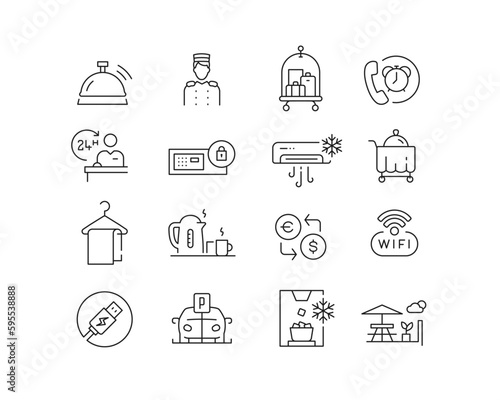Hotel Facilities Icon collection containing 16 editable stroke icons. Perfect for logos, stats and infographics. Edit the thickness of the line in Adobe Illustrator (or any vector capable app).