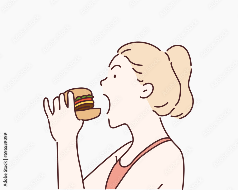 The woman opened her mouth to eat a hamburger. Hand drawn style vector design illustrations. The woman opened her mouth to eat a hamburger. Hand drawn style vector design illustrations.