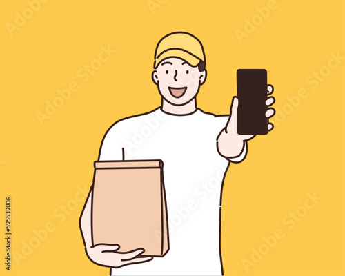 Man in yellow cap, t-shirt giving fast food order isolated on yellow background. Hand drawn style vector design illustrations.