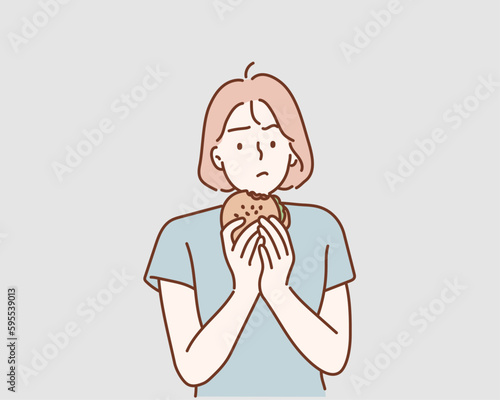woman eating a tasty classic burger depressed and worry for distress,Hand drawn style vector design illustrations.