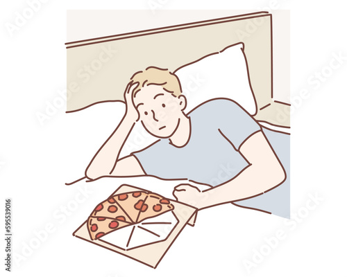 lazy  man eating pizza while laying on a bed at home. Hand drawn style vector design illustrations.