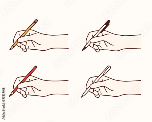 Hand holding various pens. Hand drawn style vector design illustrations.