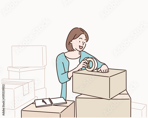Young woman packing box indoors. Hand drawn style vector design illustrations.