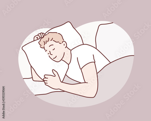 Man sleeping on bed in bedroom at home. Hand drawn style vector design illustrations.