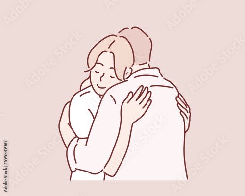 Smiling woman hugging her husband. Hand drawn style vector design illustrations.