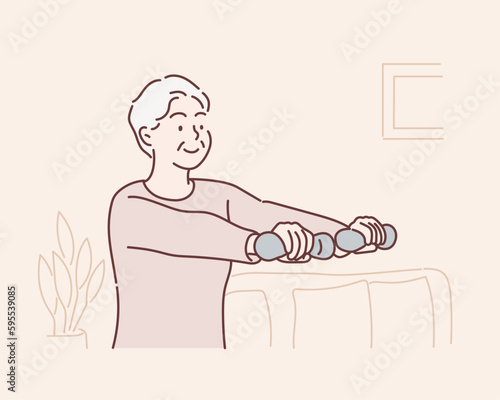 Gym At Home. Positive Aged Woman Training With Dumbbells In Living Room. Hand drawn style vector design illustrations.