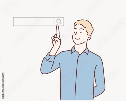 Searching Browsing Internet Data Information Networking Concept,Business man clicking internet search page on computer touch screen,copy space.Hand drawn style vector design illustrations.