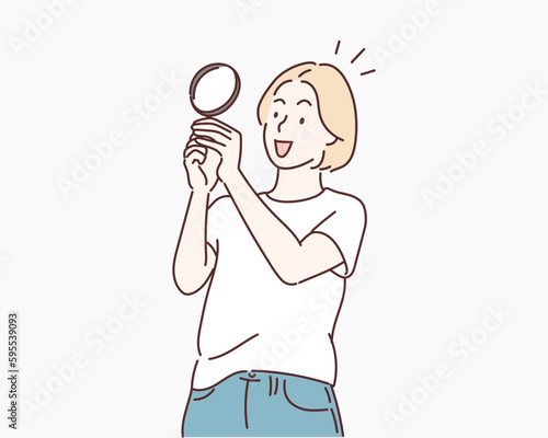 girl looking through a magnifying glass. Hand drawn style vector design illustrations.