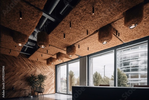 Wood wool panels for acoustic insulation half mounted on office ceiling. Generative AI