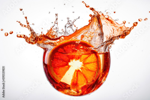 Orange juice pouring into a glass splashing. Generative AI