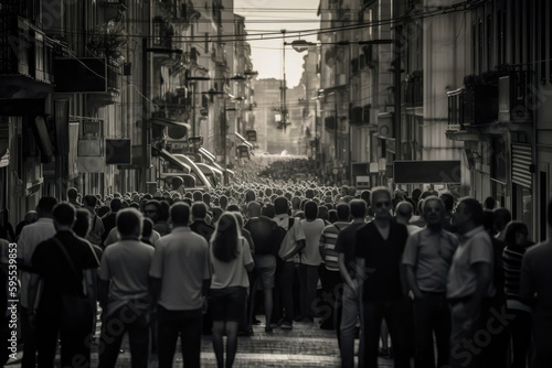 Protesters walking down the middle of a city street. Generative AI