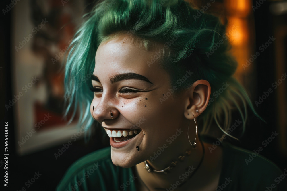 Portrait of a girl with a nose stud and green hair. Generative AI Portrait of a girl with a nose stud and green hair. Generative AI