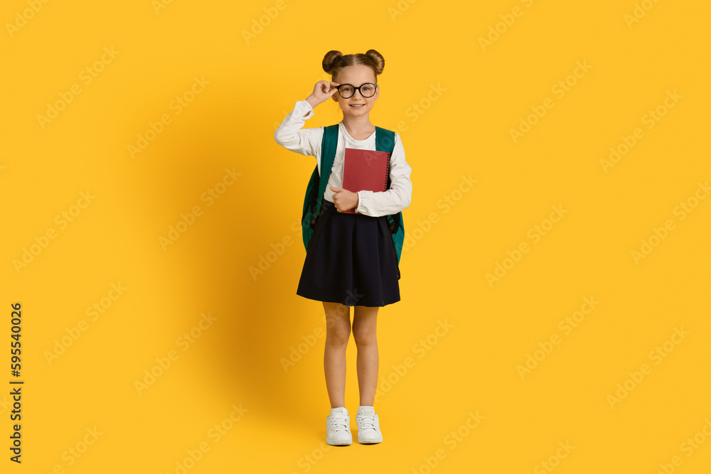 School Kid. Portrait Of Cute Little Girl With Backpack And Workbooks School Kid. Portrait Of Cute Little Girl With Backpack And Workbooks