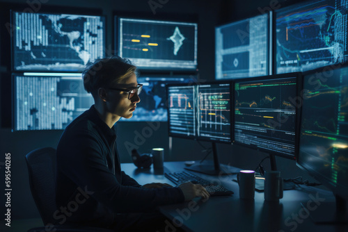 Portrait of a cryptocurrency trader, surrounded by computer screens and tracking the latest market trends. Generative AI