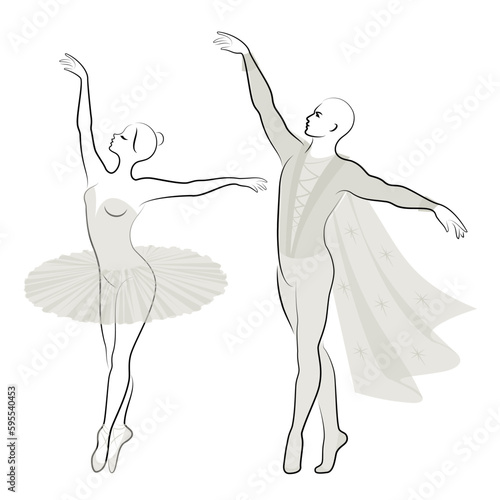 Silhouette of a cute lady and youth  they dance ballet. The woman and the man have beautiful slender figures. Girl ballerina and boyfriend dancer. Ballet dancer. Vector illustration.