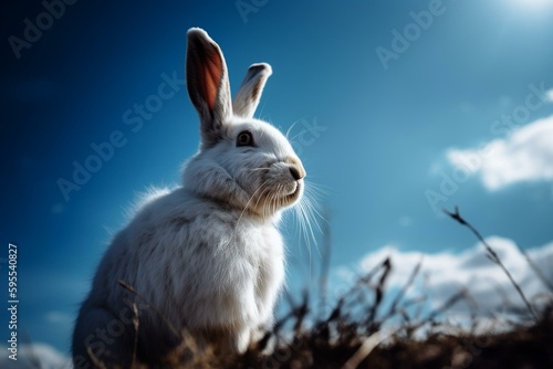 A snow-white hare stands in the presence of the vivid blue sky. Generative AI