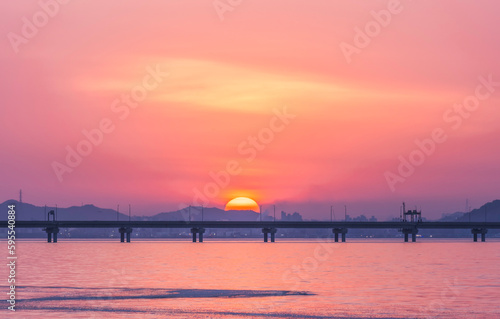 beautiful landscape of incheon bridge on sunrise in south korea. 