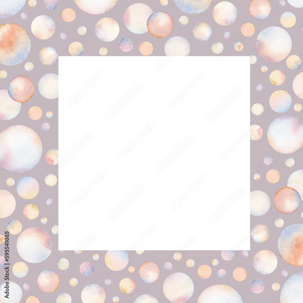 Watercolor dusty pink soap air bubbles square frame template with copy space for text in romantic colors, Undersea nautical illustration isolated on white for girls baby shower, gender party desogns Watercolor dusty pink soap air bubbles square frame template with copy space for text in romantic colors, Undersea nautical illustration isolated on white for girls baby shower, gender party desogns