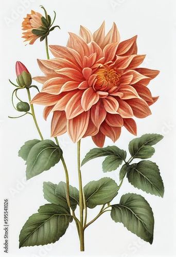 Dahlia Flower Botanical Illustration, Chrysanthemum Realistic Painting, Abstract Generative AI Illustration