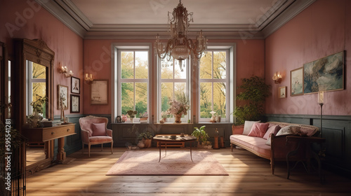 Cozy old farmhouse living room interior, 3d render, Bright color. Generative Ai