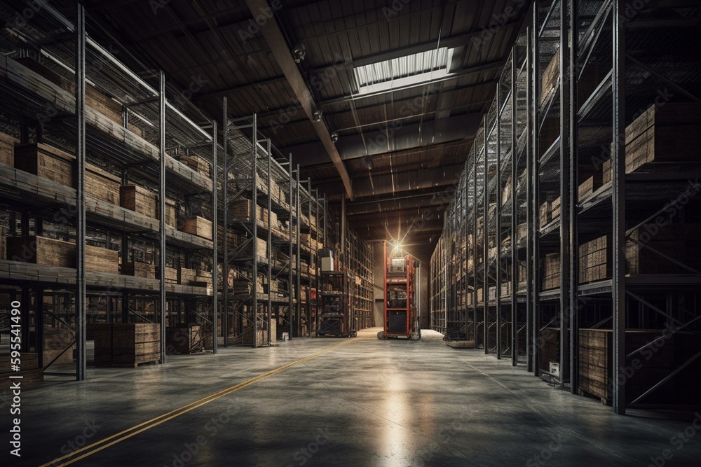 3D warehouse with open gates and shelves. Industrial distribution