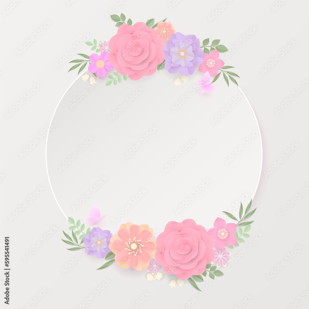 Pastel paper flowers wreath and white banner Pastel paper flowers wreath and white banner