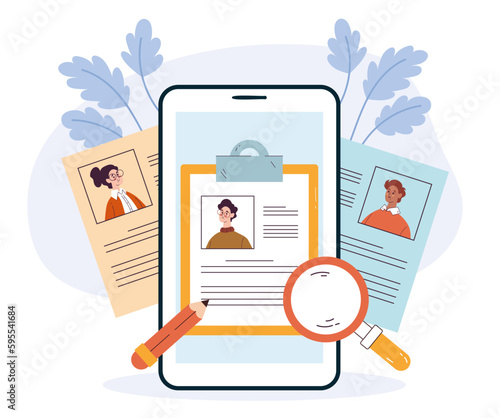 Recruit job search hr interview resume abstract concept. Vector graphic design illustration

