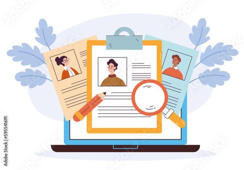 Recruit job search hr interview resume abstract concept. Vector graphic design illustration
