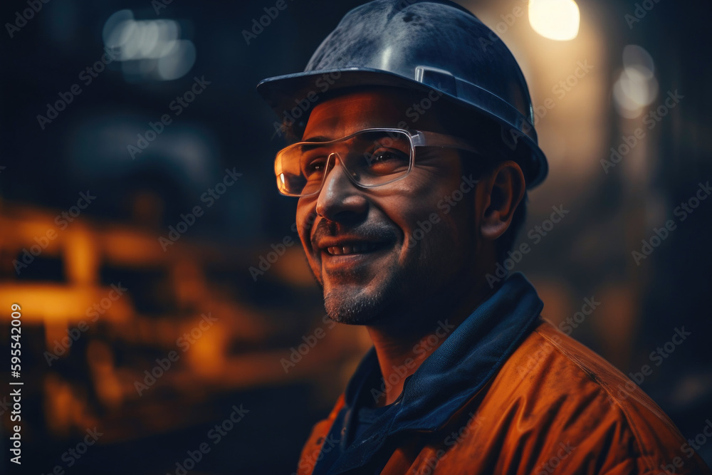 Portrait of male worker at a metallurgical factory. Generative AI