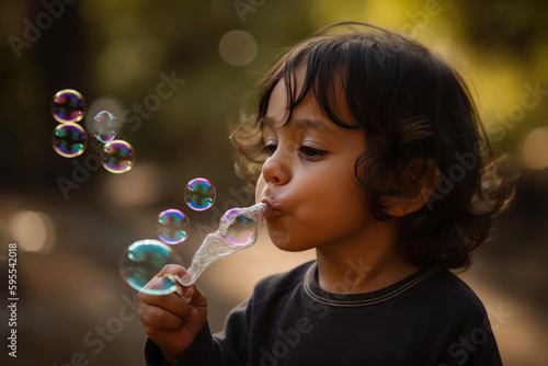 A child blowing bubbles. Generative AI