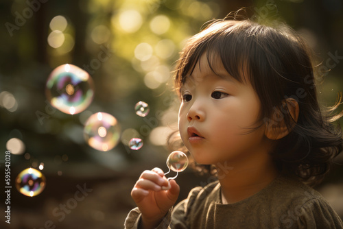 Asian little girl is blowing a soap bubbles, Outdoor Portrait. Generative AI
