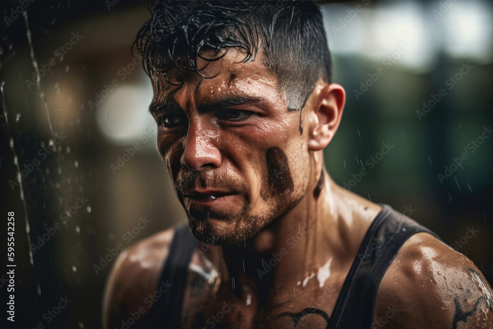 A portrait of a fitness enthusiast, flexing their muscles and sweating after an intense workout. Generative AI