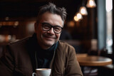 A portrait of a middle-aged man in glasses and a friendly smile, holding a cup of coffee, sitting at cozy restoraunt. Generative AI