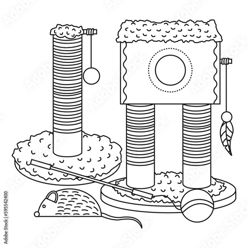 Set of elements for animals, cats, house, claw, mouse toy, ball, feathers.