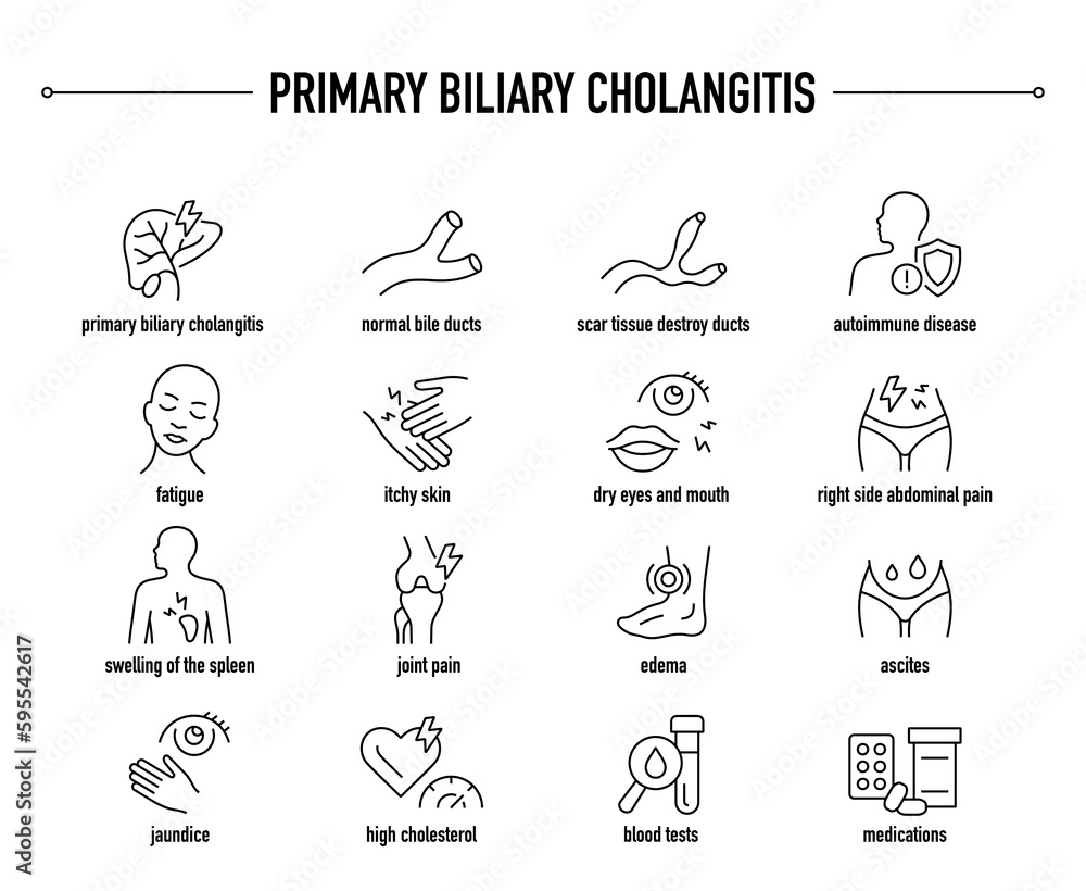 Primary Biliary Cholangitis symptoms, diagnostic and treatment vector icon set. Line editable medical icons.