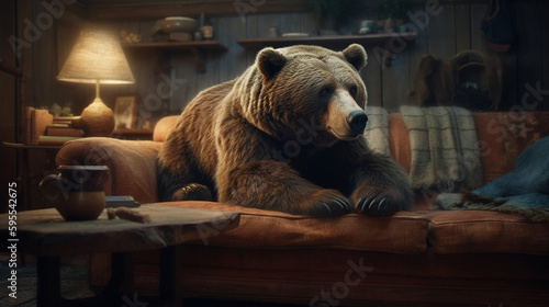 Bear is resting on a sofa in the living room. Generative Ai
