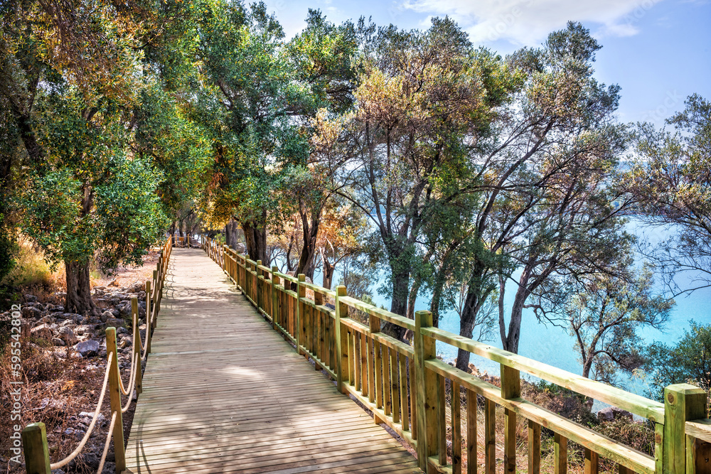 Wooden walkways on Cleopatra island and sea view, Sedir island, Aegean sea, Marmaris, Turkey