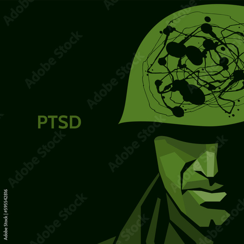 vector polygonal camouflage portrait of a soldier. silhouette of a military man in a helmet. war veteran has depression, mental health, emotion problems, post-traumatic stress disorder, rehabilitation