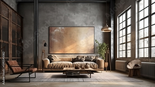 Fototapeta Naklejka Na Ścianę i Meble -  Canvas mockup in loft living room interior, industrial style, 3d render. Generative Ai